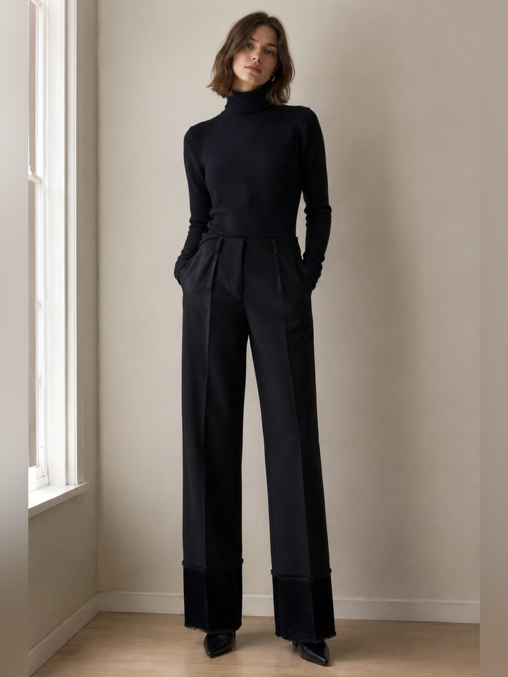 Theory Wool Tuxedo Trouser with Satin Fray Cuff Straight Wide Leg Size 4
